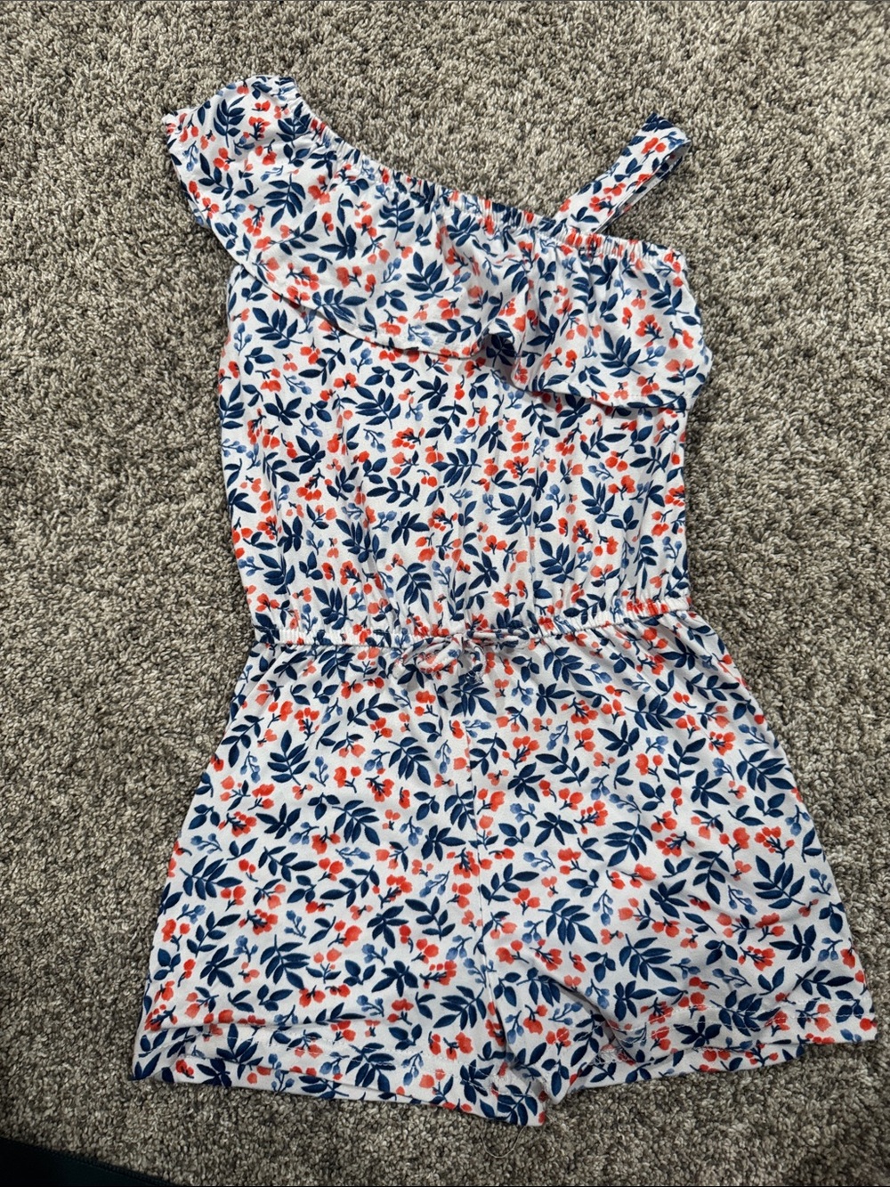 One-Shoulder Floral Romper in Navy & Coral
